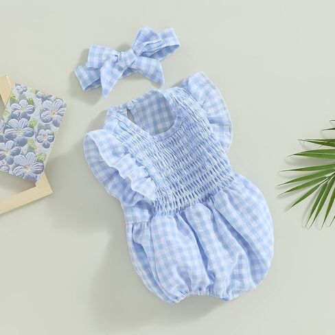 Infant Newborn Baby Girl Summer Outfit One Piece Smocked Romper Ruffle Sleeve Plaid Playsuit Headband 3 6 9 12 18M in Saudi Arabia