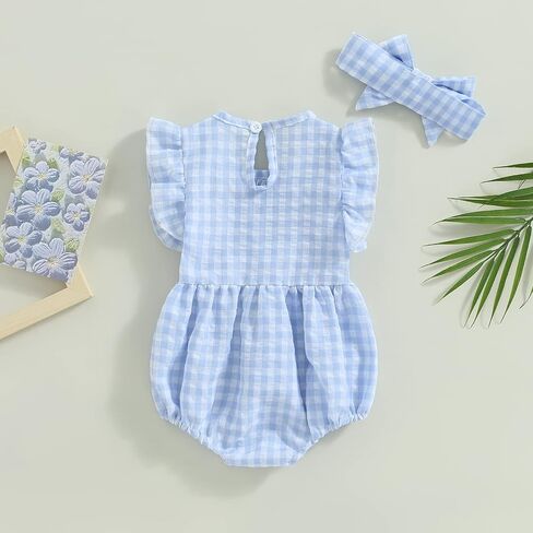 Infant Newborn Baby Girl Summer Outfit One Piece Smocked Romper Ruffle Sleeve Plaid Playsuit Headband 3 6 9 12 18M in Saudi Arabia