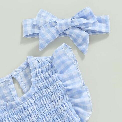 Infant Newborn Baby Girl Summer Outfit One Piece Smocked Romper Ruffle Sleeve Plaid Playsuit Headband 3 6 9 12 18M in Saudi Arabia