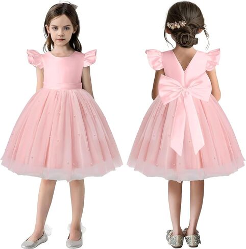 Agqt Flower Girl Dress V-Back Shuffle Sleeve Dresses Girls Tulle Dress for Wedding First Complet in Kuwait