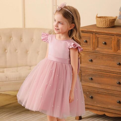 Agqt Flower Girl Dress V-Back Shuffle Sleeve Dresses Girls Tulle Dress for Wedding First Complet in Kuwait