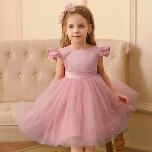 Agqt Flower Girl Dress V-Back Shuffle Sleeve Dresses Girls Tulle Dress for Wedding First Complet in Kuwait