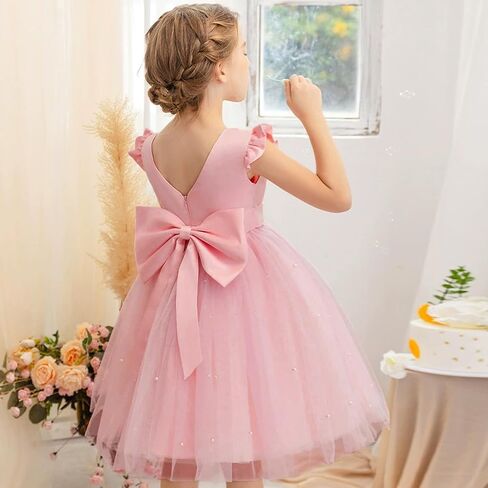 Agqt Flower Girl Dress V-Back Shuffle Sleeve Dresses Girls Tulle Dress for Wedding First Complet in Kuwait