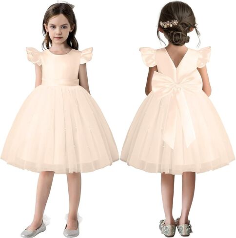 Agqt Flower Girl Dress V-Back Shuffle Sleeve Dresses Girls Tulle Dress for Wedding First Complet in Kuwait