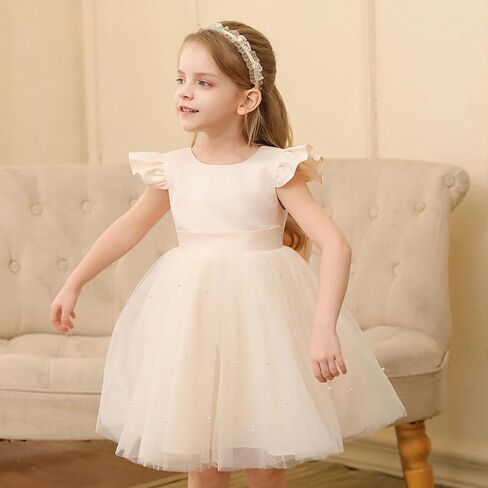 Agqt Flower Girl Dress V-Back Shuffle Sleeve Dresses Girls Tulle Dress for Wedding First Complet in Kuwait