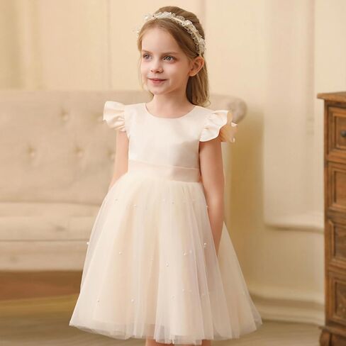 Agqt Flower Girl Dress V-Back Shuffle Sleeve Dresses Girls Tulle Dress for Wedding First Complet in Kuwait