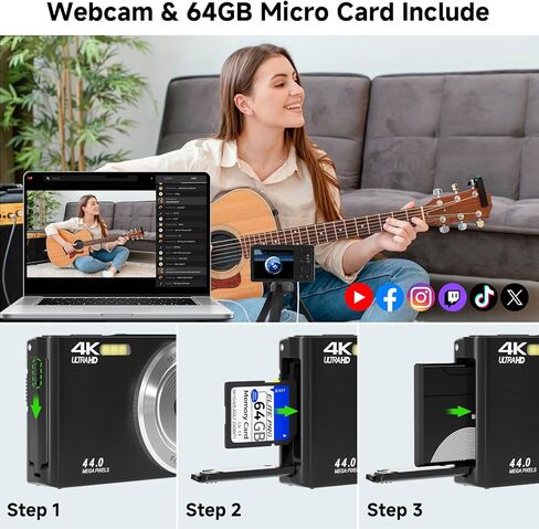 الكاميرا الرقمية ، FHD 4K 44MP Camera ، ZOOM الرقمية 16x ، النقطة الرقمية وكاميرا التصوير مع أضواء ملء 3-LED ، بطاقة SD 64 جيجابايت ، كاميرا مضغوطة للأطفال Teen Boys ، Black in Kuwait