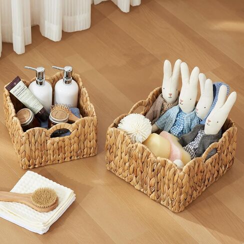 FairyHaus Wicker Basket 2Pack, Scalloped Wicker Storage Basket with Handles, Handwoven Natural Water Hyacinth Wicker Bakests for Storage, 11 x 11 x 7 & 9.45 x 9.45 x 6.5 (L+M) in Saudi Arabia