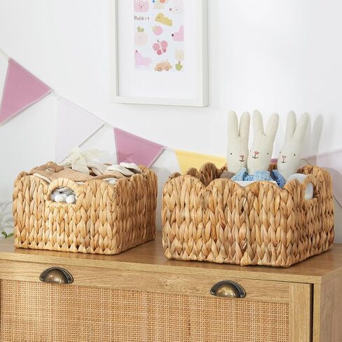 FairyHaus Wicker Basket 2Pack, Scalloped Wicker Storage Basket with Handles, Handwoven Natural Water Hyacinth Wicker Bakests for Storage, 11 x 11 x 7 & 9.45 x 9.45 x 6.5 (L+M) in Saudi Arabia