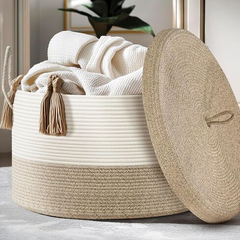 Blanket Basket with Lid - Large Toy Basket for Baby 21.7" x 13.8" Woven Baskets Blanket Storage for Living Room Bedroom, Cotton Rope Laundry Baskets for Towels Pillow, White & Brown in Kuwait