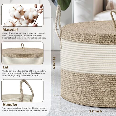 Blanket Basket with Lid - Large Toy Basket for Baby 21.7" x 13.8" Woven Baskets Blanket Storage for Living Room Bedroom, Cotton Rope Laundry Baskets for Towels Pillow, White & Brown in Kuwait