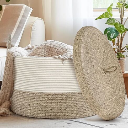 Blanket Basket with Lid - Large Toy Basket for Baby 21.7" x 13.8" Woven Baskets Blanket Storage for Living Room Bedroom, Cotton Rope Laundry Baskets for Towels Pillow, White & Brown in Kuwait
