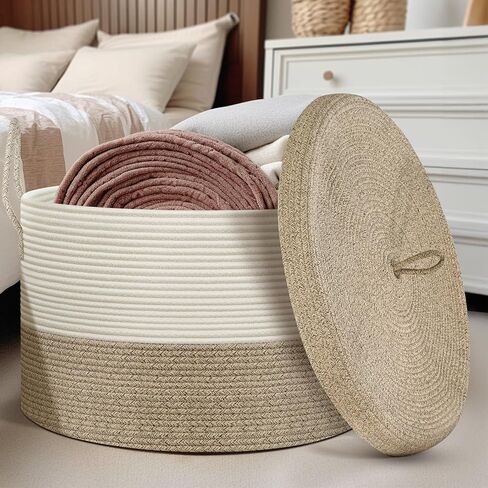 Blanket Basket with Lid - Large Toy Basket for Baby 21.7" x 13.8" Woven Baskets Blanket Storage for Living Room Bedroom, Cotton Rope Laundry Baskets for Towels Pillow, White & Brown in Kuwait