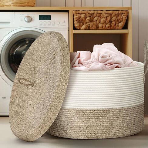 Blanket Basket with Lid - Large Toy Basket for Baby 21.7" x 13.8" Woven Baskets Blanket Storage for Living Room Bedroom, Cotton Rope Laundry Baskets for Towels Pillow, White & Brown in Kuwait