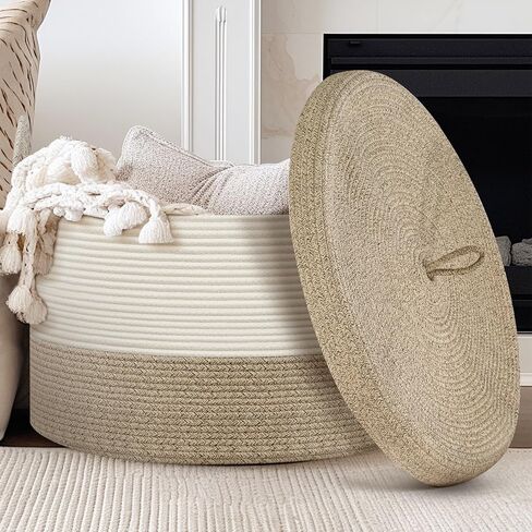 Blanket Basket with Lid - Large Toy Basket for Baby 21.7" x 13.8" Woven Baskets Blanket Storage for Living Room Bedroom, Cotton Rope Laundry Baskets for Towels Pillow, White & Brown in Kuwait