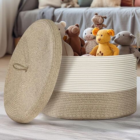 Blanket Basket with Lid - Large Toy Basket for Baby 21.7" x 13.8" Woven Baskets Blanket Storage for Living Room Bedroom, Cotton Rope Laundry Baskets for Towels Pillow, White & Brown in Kuwait