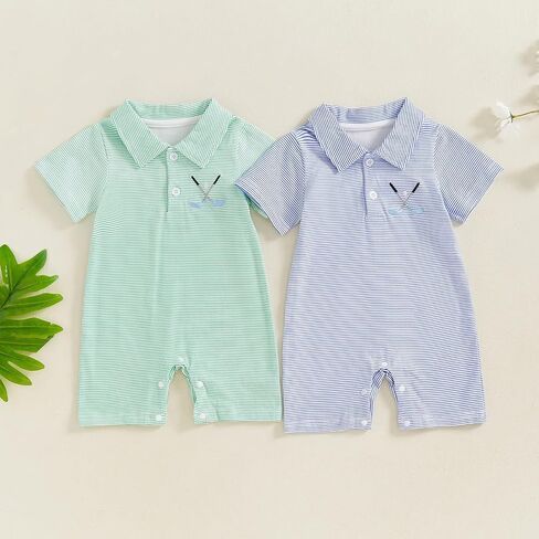 Gueuusu Newborn Baby Boy Golf Outfit Short Sleeve Golf Embroidery Collared Romper Button Lapel One Piece Summer Outfit in Kuwait