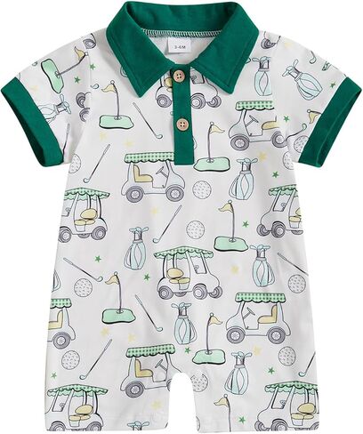 Gueuusu Newborn Baby Boy Golf Outfit Short Sleeve Golf Embroidery Collared Romper Button Lapel One Piece Summer Outfit in Kuwait