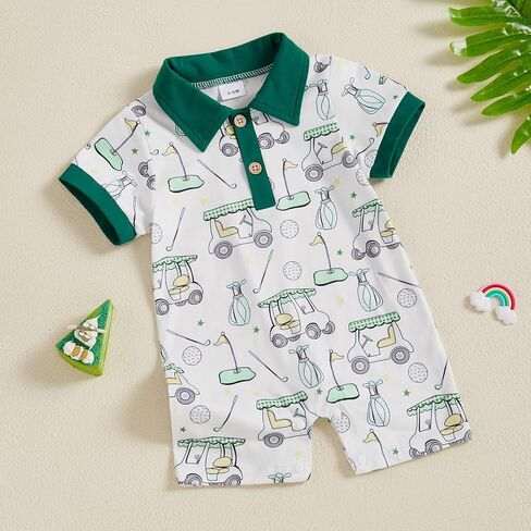Gueuusu Newborn Baby Boy Golf Outfit Short Sleeve Golf Embroidery Collared Romper Button Lapel One Piece Summer Outfit in Kuwait