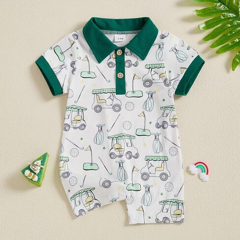 Gueuusu Newborn Baby Boy Golf Outfit Short Sleeve Golf Embroidery Collared Romper Button Lapel One Piece Summer Outfit in Kuwait