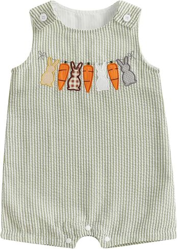 Newborn Baby Boy Easter Outfit Bunny Embroidery Sleeveless Romper Jumpsuit Plaid/Striped Overall Jumpsuit Summer in Kuwait