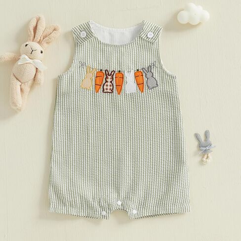 Newborn Baby Boy Easter Outfit Bunny Embroidery Sleeveless Romper Jumpsuit Plaid/Striped Overall Jumpsuit Summer in Kuwait