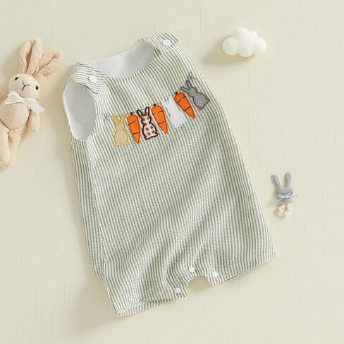Newborn Baby Boy Easter Outfit Bunny Embroidery Sleeveless Romper Jumpsuit Plaid/Striped Overall Jumpsuit Summer in Kuwait