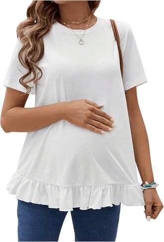 MakeMeChic Women's Maternity Shirt Short Sleeve Round Neck Ruffles Pregnancy Tee Tops in Saudi Arabia
