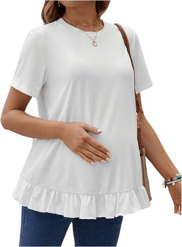 MakeMeChic Women's Maternity Shirt Short Sleeve Round Neck Ruffles Pregnancy Tee Tops in Saudi Arabia