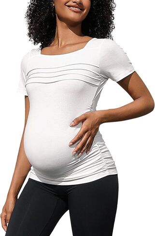 GINKANA Women's Maternity Tops Square Neck Pleated Short Sleeve Tee Shirt Side Ruched Tunic T-Shirt in Kuwait