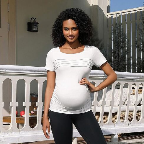 GINKANA Women's Maternity Tops Square Neck Pleated Short Sleeve Tee Shirt Side Ruched Tunic T-Shirt in Kuwait
