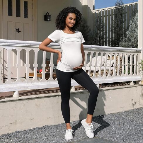 GINKANA Women's Maternity Tops Square Neck Pleated Short Sleeve Tee Shirt Side Ruched Tunic T-Shirt in Kuwait