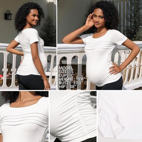 GINKANA Women's Maternity Tops Square Neck Pleated Short Sleeve Tee Shirt Side Ruched Tunic T-Shirt in Kuwait