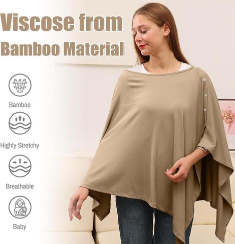 Nursing Cover for Breastfeeding - Viscose from Bamboo Ribbed, Full Coverage Privacy, Soft & Breathable Breastfeeding Cover up, Multi-Use Stroller Cover Shawl Stylish Poncho for Women in Saudi Arabia