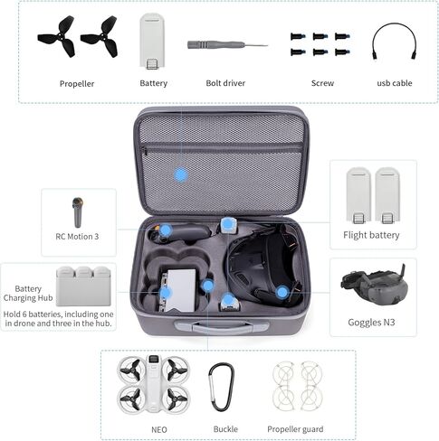 حافظة على DJI Neo مع نظارات N3 ، RC Motion 3 وحدة تحكم ، محور شاحن البطارية ، حقيبة تخزين سفر قابلة للشفاء لإكسسوارات بطاريات DJI Neo in Kuwait
