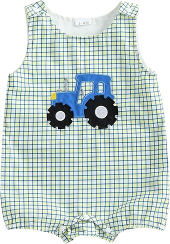 Summer Outfit Newborn Baby Boy Sleeveless Tractor Embroidery Plaid Tank Romper Jumpsuit Overalls One Piece Clothes in Kuwait