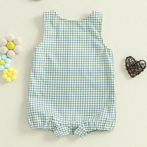 Summer Outfit Newborn Baby Boy Sleeveless Tractor Embroidery Plaid Tank Romper Jumpsuit Overalls One Piece Clothes in Kuwait