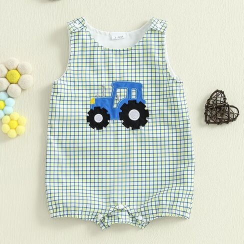 Summer Outfit Newborn Baby Boy Sleeveless Tractor Embroidery Plaid Tank Romper Jumpsuit Overalls One Piece Clothes in Kuwait