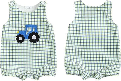 Summer Outfit Newborn Baby Boy Sleeveless Tractor Embroidery Plaid Tank Romper Jumpsuit Overalls One Piece Clothes in Kuwait