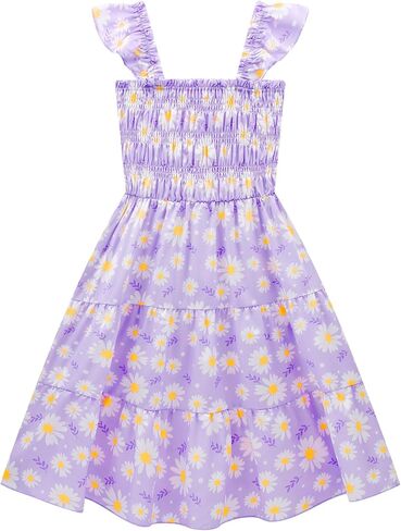 Little Girls Dresses Casual Summer Dress Ruffle Sleeve Floral Tiered Sundress Smocked Shirred Party Dress 3-10 Years in Kuwait