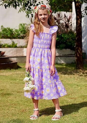 Little Girls Dresses Casual Summer Dress Ruffle Sleeve Floral Tiered Sundress Smocked Shirred Party Dress 3-10 Years in Kuwait