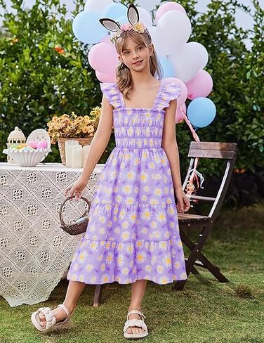 Little Girls Dresses Casual Summer Dress Ruffle Sleeve Floral Tiered Sundress Smocked Shirred Party Dress 3-10 Years in Kuwait