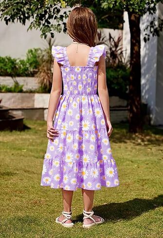 Little Girls Dresses Casual Summer Dress Ruffle Sleeve Floral Tiered Sundress Smocked Shirred Party Dress 3-10 Years in Kuwait