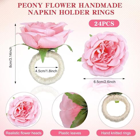 24 Pcs Flower Napkin Rings Peony Flower Handmade Napkin Holder Rings Handicraft Holder for Table Decorations Wedding Holiday Banquet Luncheons Birthday Party Picnics Supplies (Gray Pink) in Saudi Arabia