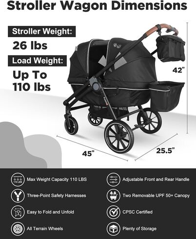 Tandem Wagon Stroller–All-Terrain 2-in-1 Push&Pull Design, Double Seat Capacity, Large Storage, Adjustable Canopy, Removable Child Tray for Kids Outdoor Adventures&Family Outings in Saudi Arabia