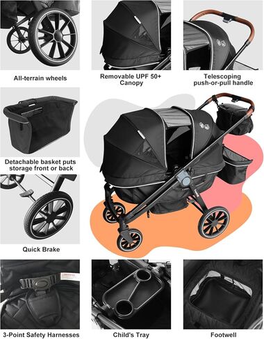 Tandem Wagon Stroller–All-Terrain 2-in-1 Push&Pull Design, Double Seat Capacity, Large Storage, Adjustable Canopy, Removable Child Tray for Kids Outdoor Adventures&Family Outings in Saudi Arabia
