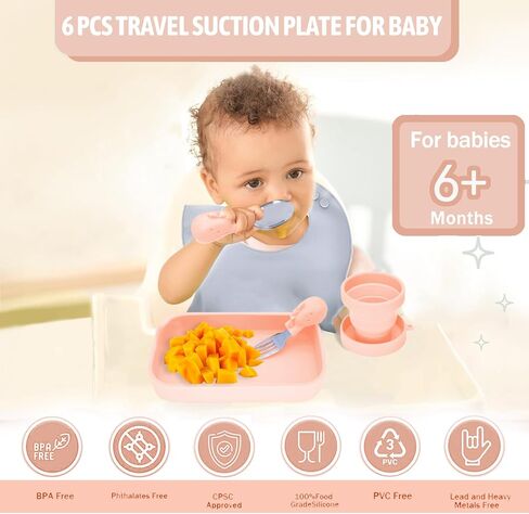 6PCS Travel Suction Plate for Baby,Portable Silicone Suction Plate to Go,Baby Divided Plates Feeding Set with Travel Bag,Cup for Toddler Baby Plate Divided Bowls Travel Essential Gray in Kuwait