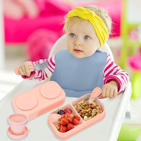6PCS Travel Suction Plate for Baby,Portable Silicone Suction Plate to Go,Baby Divided Plates Feeding Set with Travel Bag,Cup for Toddler Baby Plate Divided Bowls Travel Essential Gray in Kuwait
