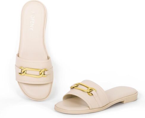 Womens Flat Sandals Round Open Toe Slip On Leather Slides for Summer in Kuwait