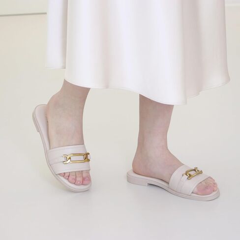 Womens Flat Sandals Round Open Toe Slip On Leather Slides for Summer in Kuwait